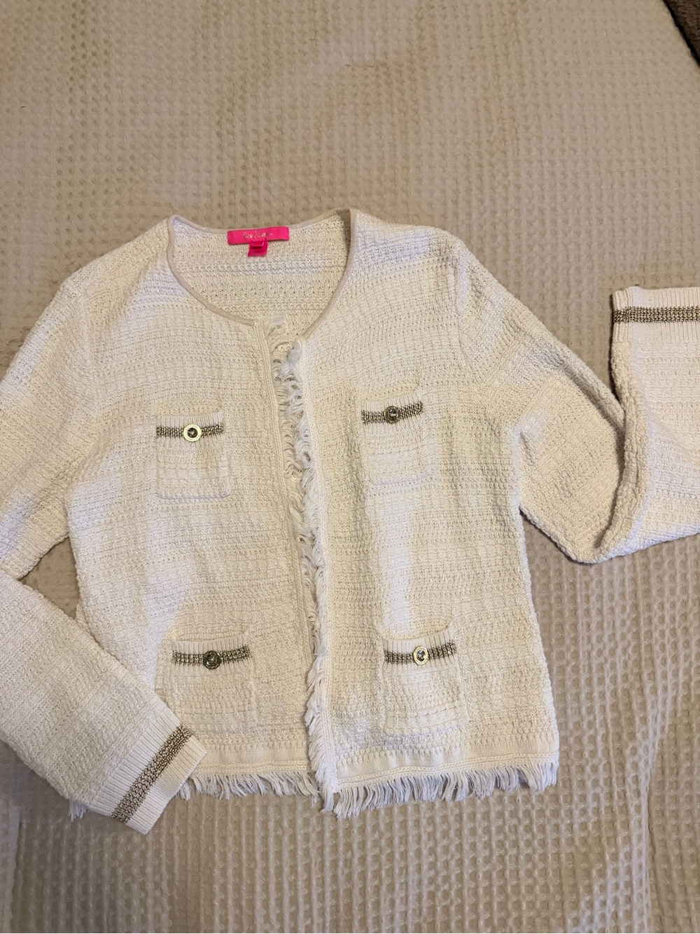 Lilly Pulitzer Women’s Cream Fringe Knit Cardigan with Metallic Trim
